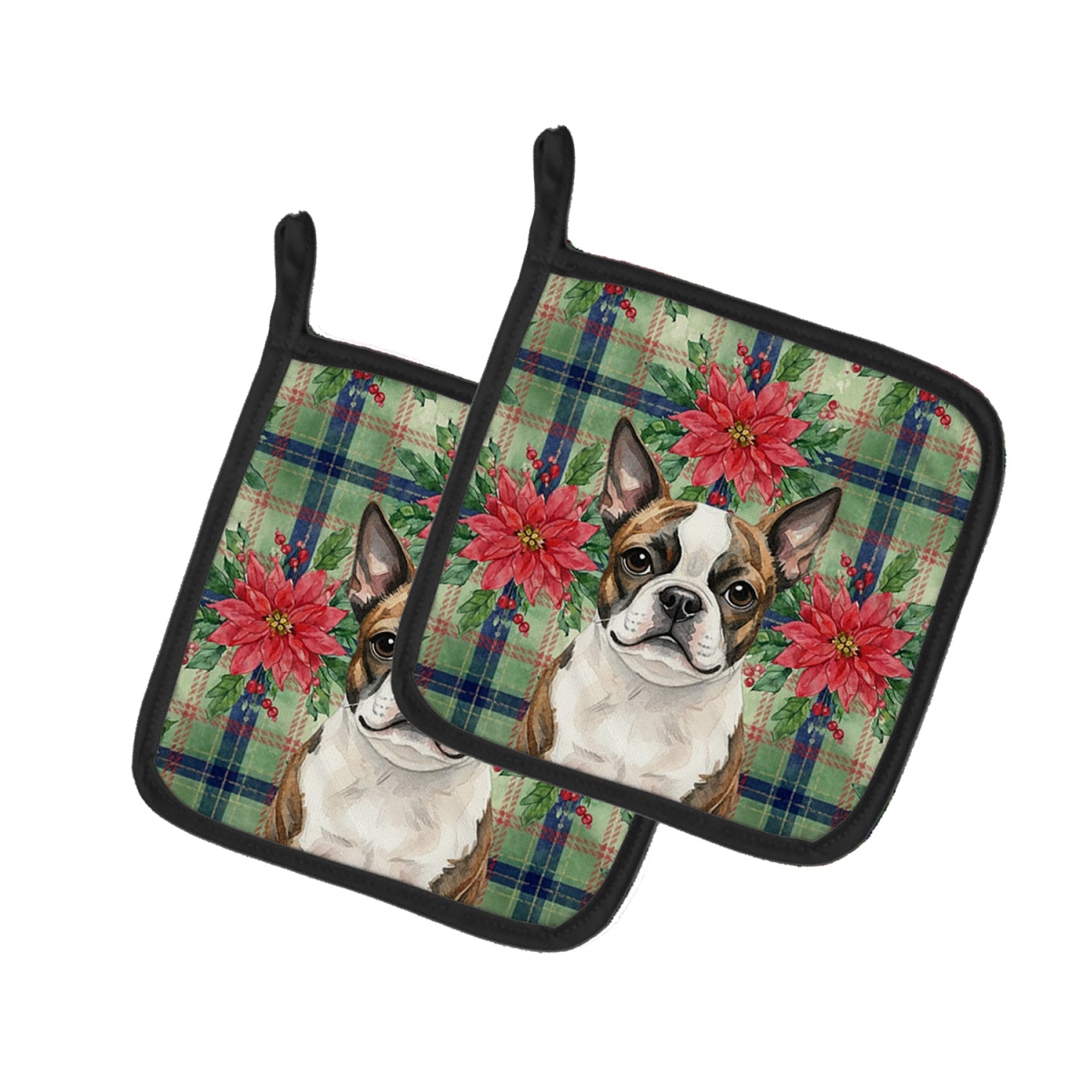 Picture of Carolines Treasures WDK8531PTHD Unisex Adult Brindle Boston Terrier Christmas Poinsettias Pot Holders - 7.5 x 7.5 in. - Set of 2