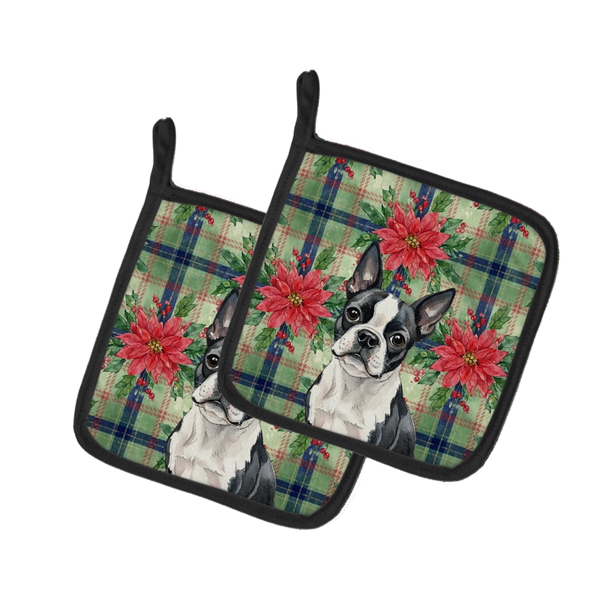 Picture of Carolines Treasures WDK8532PTHD Unisex Adult Boston Terrier Christmas Poinsettias Pot Holders - 7.5 x 7.5 in. - Set of 2