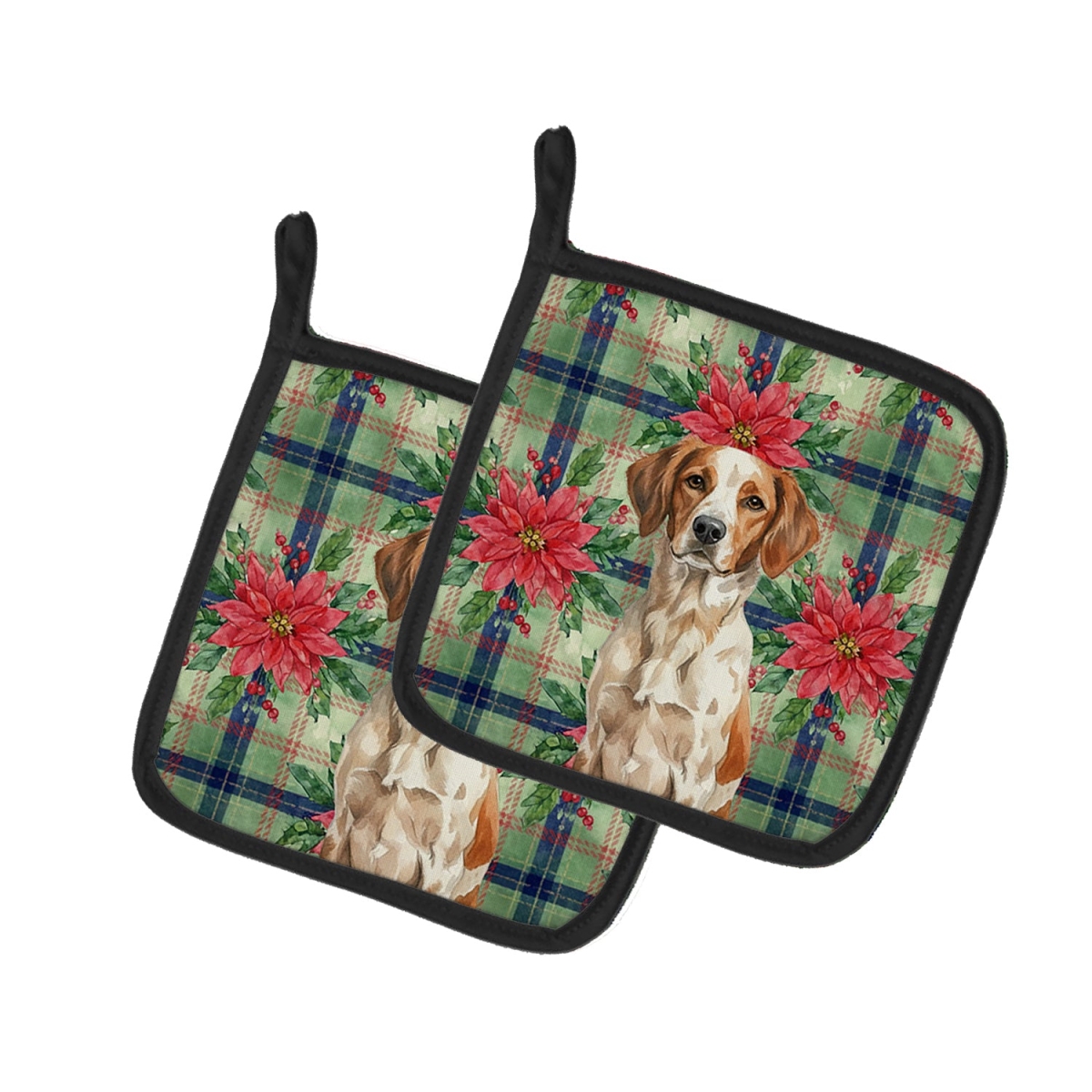 Picture of Carolines Treasures WDK8545PTHD Unisex Adult Roan Brittany Christmas Poinsettias Pot Holders - 7.5 x 7.5 in. - Set of 2