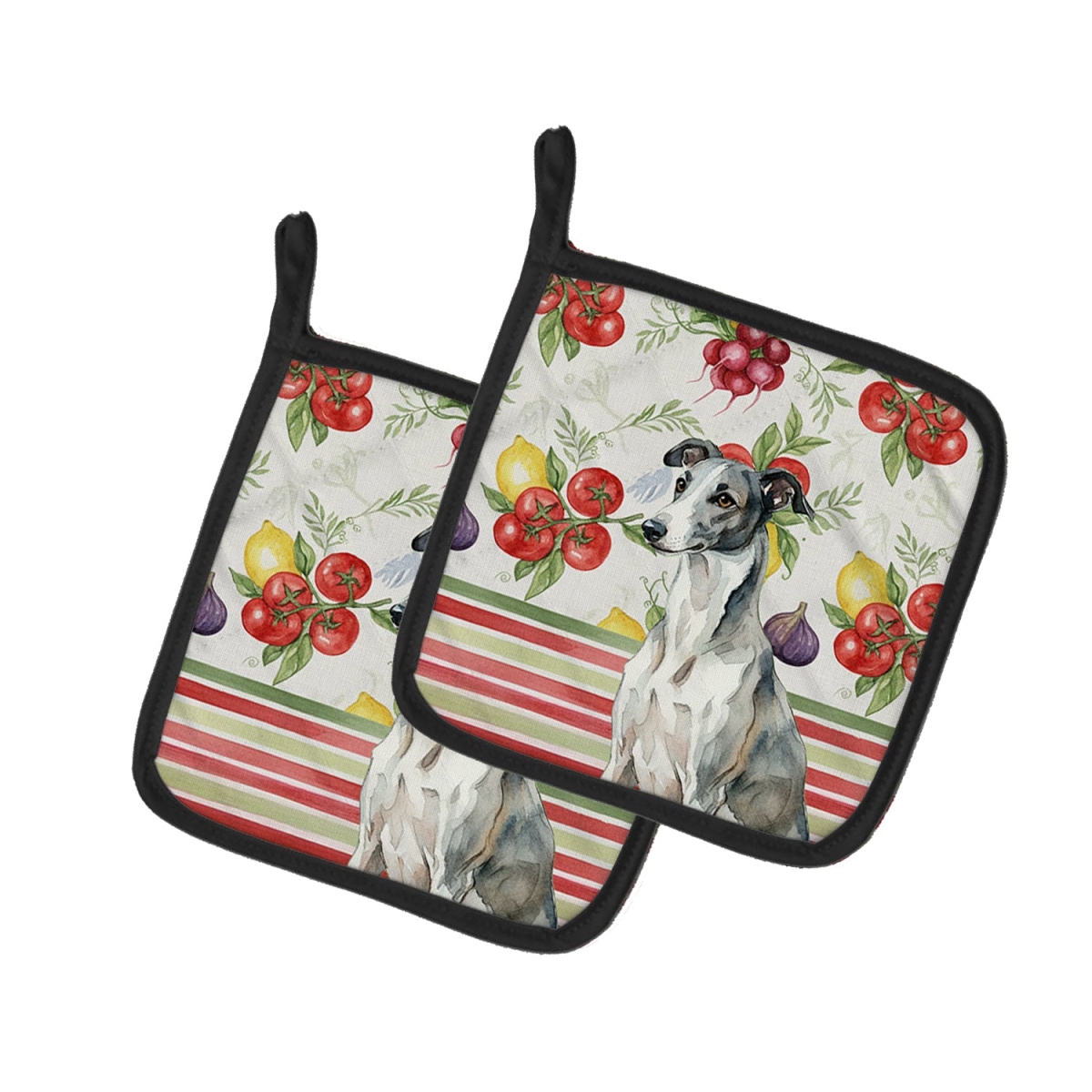 Picture of Carolines Treasures WDK8260PTHD Unisex Adult Black & White Greyhound Vegetables Pot Holders - 7.5 x 7.5 in. - Set of 2