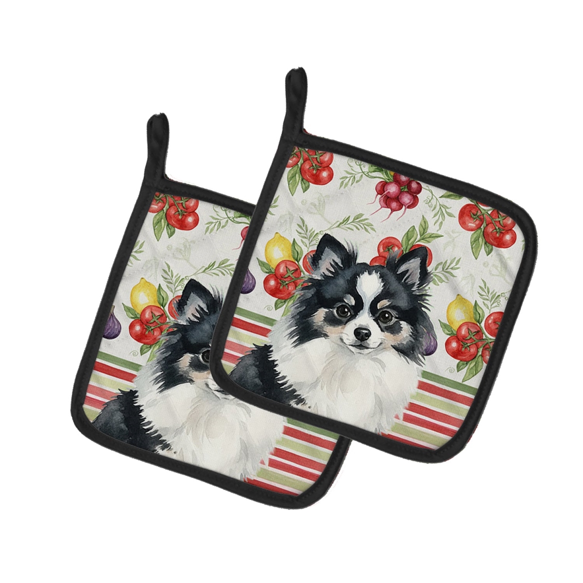 Picture of Carolines Treasures WDK8358PTHD Unisex Adult Black & White Pomeranian Vegetables Pot Holders - 7.5 x 7.5 in. - Set of 2