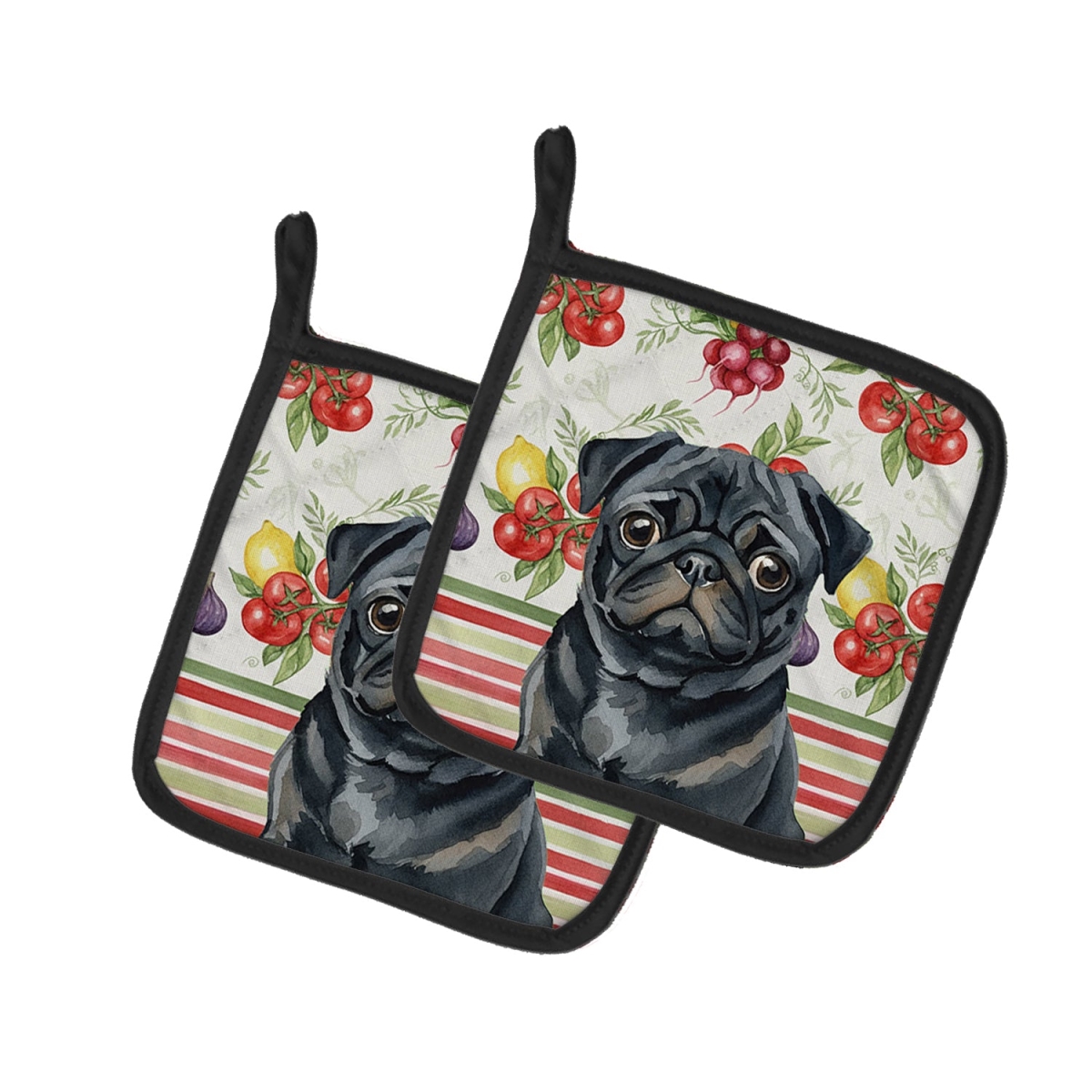 Picture of Carolines Treasures WDK8381PTHD Unisex Adult Black Pug Vegetables Pot Holders - 7.5 x 7.5 in. - Set of 2