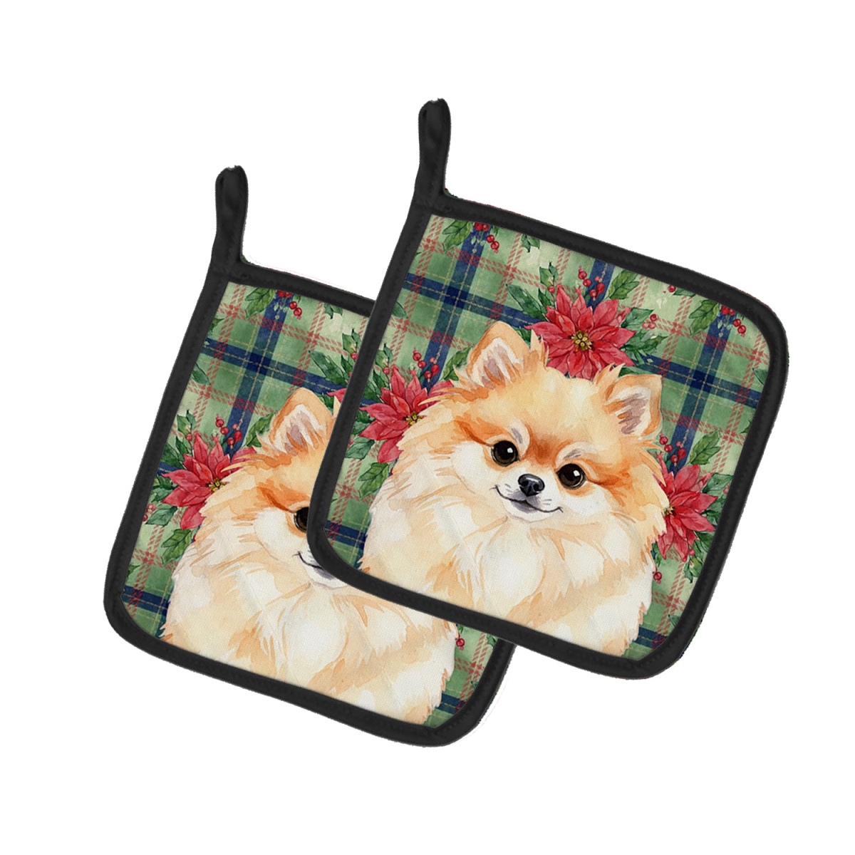Picture of Carolines Treasures WDK8761PTHD Unisex Adult Pomeranian Christmas Poinsettias Pot Holders - 7.5 x 7.5 in. - Set of 2