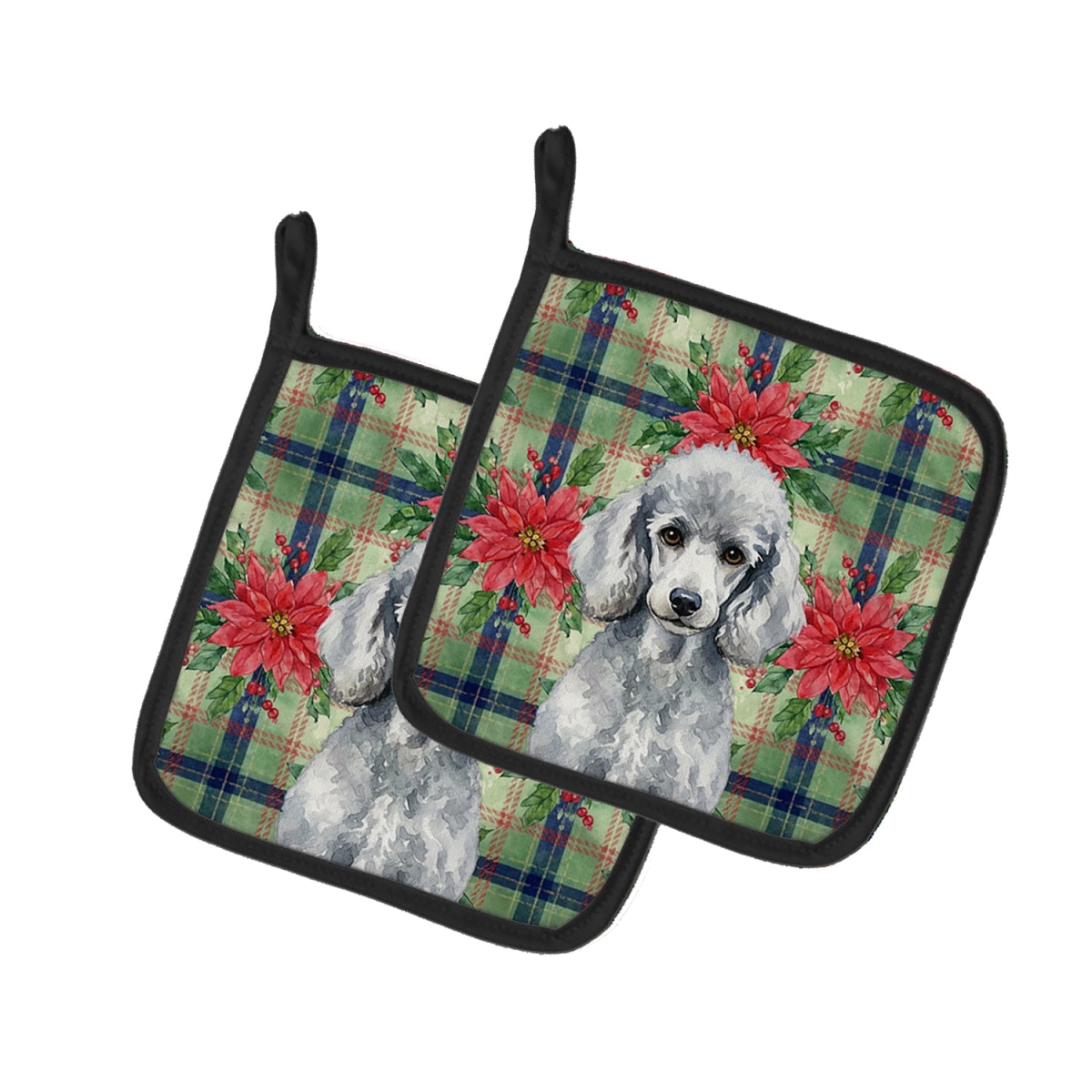 Picture of Carolines Treasures WDK8770PTHD Unisex Adult Standard Silver Poodle Christmas Poinsettias Pot Holders - 7.5 x 7.5 in. - Set of 2