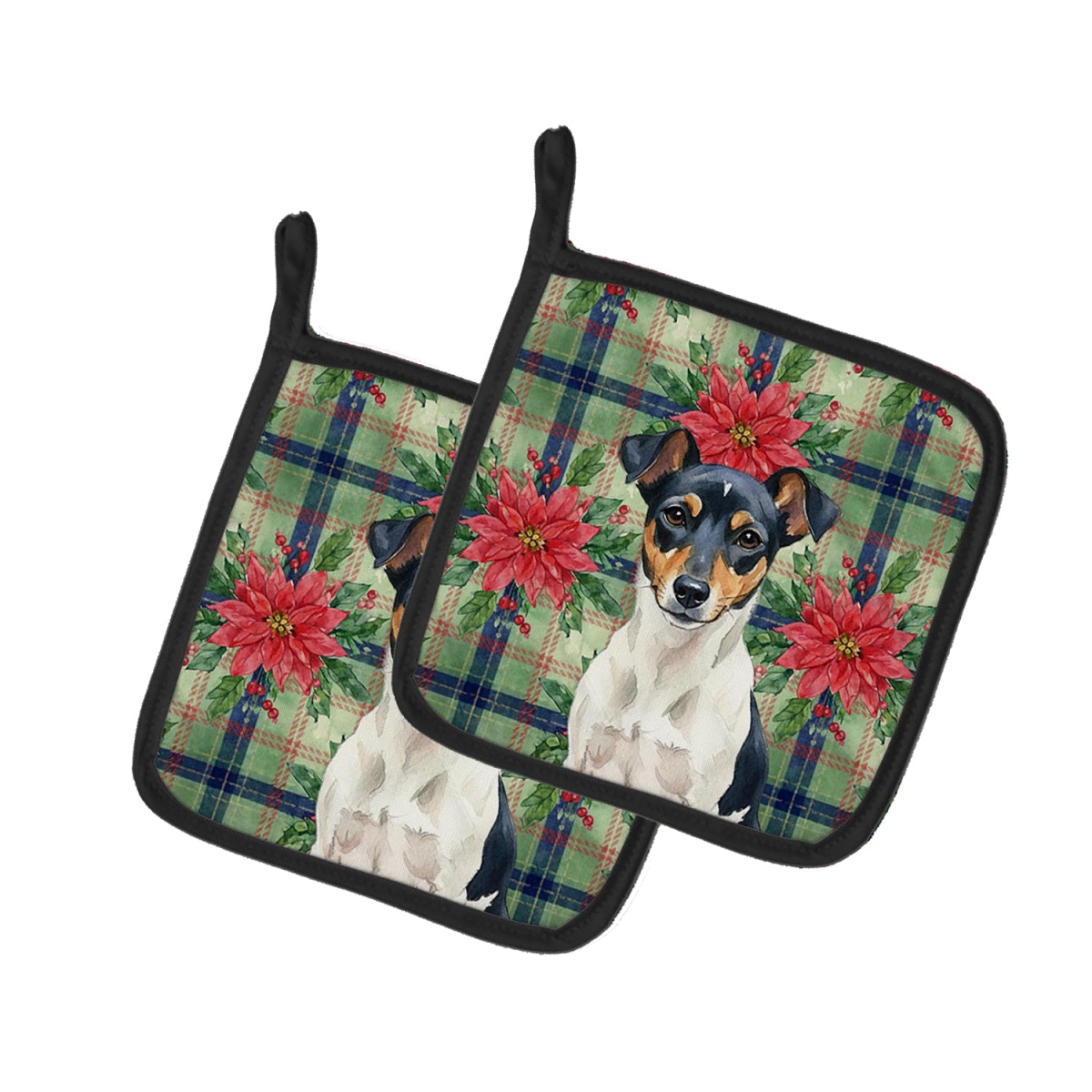 Picture of Carolines Treasures WDK8785PTHD Unisex Adult Tricolor Rat Terrier Christmas Poinsettias Pot Holders - 7.5 x 7.5 in. - Set of 2