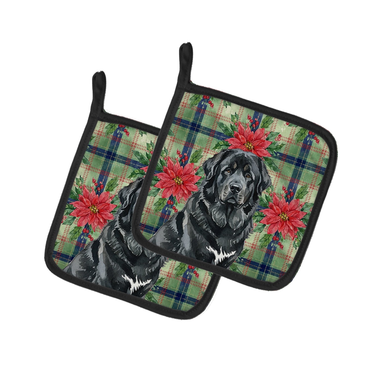 Picture of Carolines Treasures WDK8835PTHD Unisex Adult Black Tibetan Mastiff Christmas Poinsettias Pot Holders - 7.5 x 7.5 in. - Set of 2
