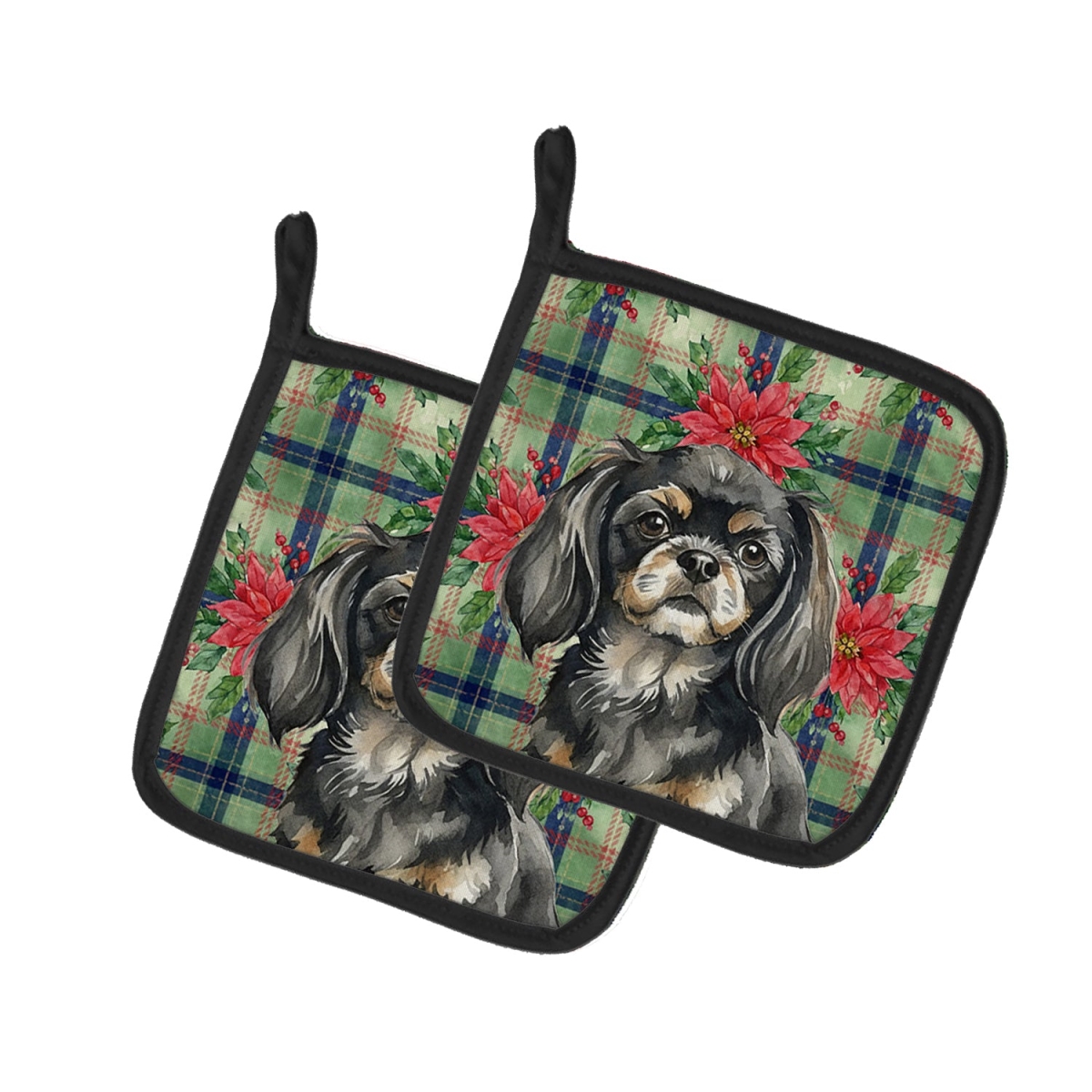 Picture of Carolines Treasures WDK8837PTHD Unisex Adult Black & Tan Tibetan Spaniel Christmas Poinsettias Pot Holders - 7.5 x 7.5 in. - Set of 2