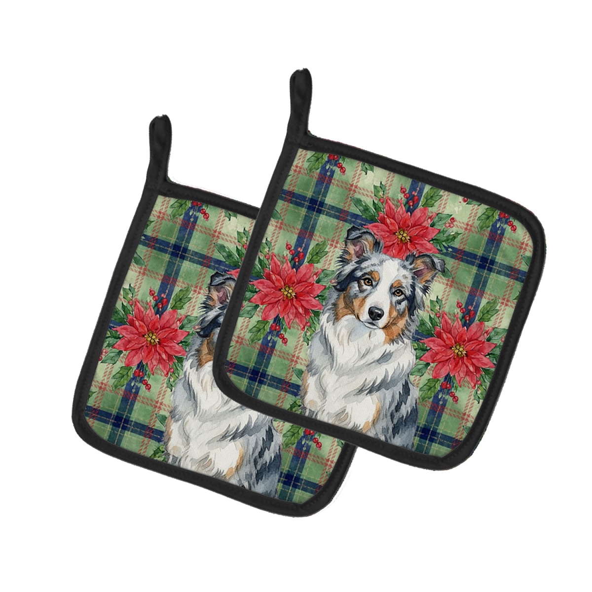 Picture of Carolines Treasures WDK8522PTHD Unisex Adult Blue Merle Border Collie Christmas Poinsettias Pot Holders - 7.5 x 7.5 in. - Set of 2