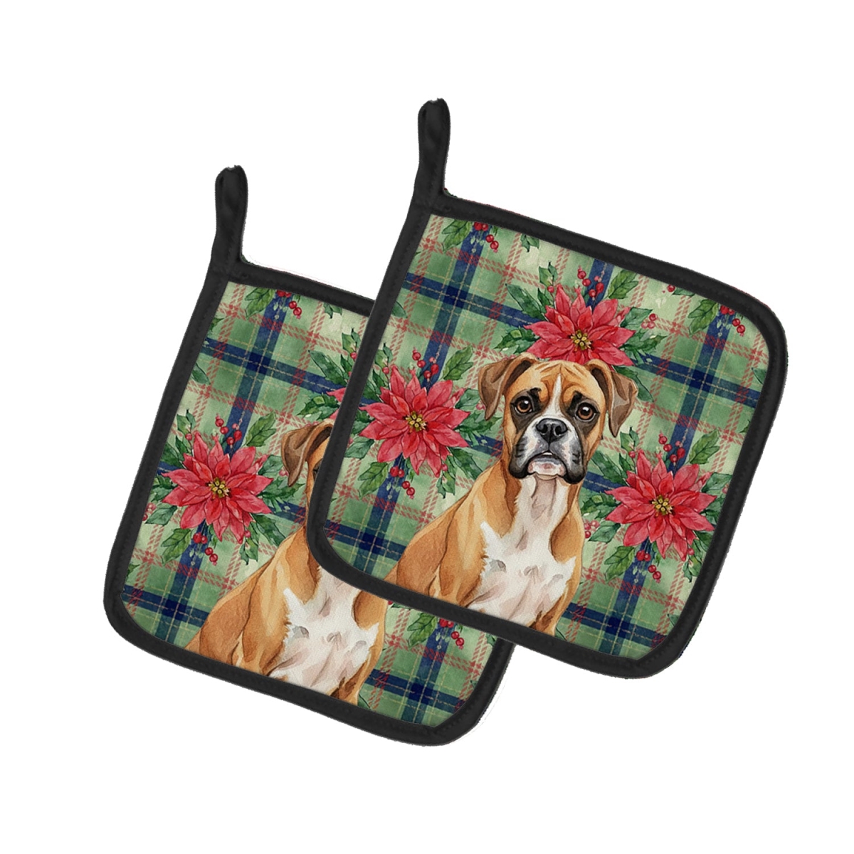 Picture of Carolines Treasures WDK8536PTHD Unisex Adult Boxer Christmas Poinsettias Pot Holders - 7.5 x 7.5 in. - Set of 2