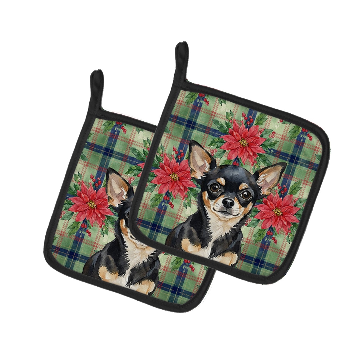 Picture of Carolines Treasures WDK8569PTHD Unisex Adult Black & Tan Chihuahua Christmas Poinsettias Pot Holders - 7.5 x 7.5 in. - Set of 2