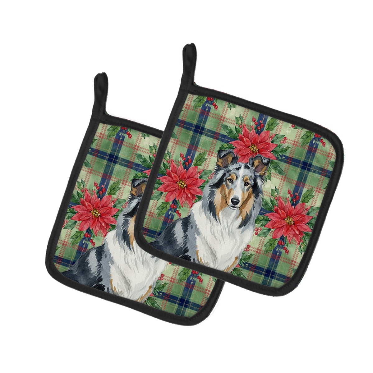 Picture of Carolines Treasures WDK8585PTHD Unisex Adult Blue Merle Collie Christmas Poinsettias Pot Holders - 7.5 x 7.5 in. - Set of 2