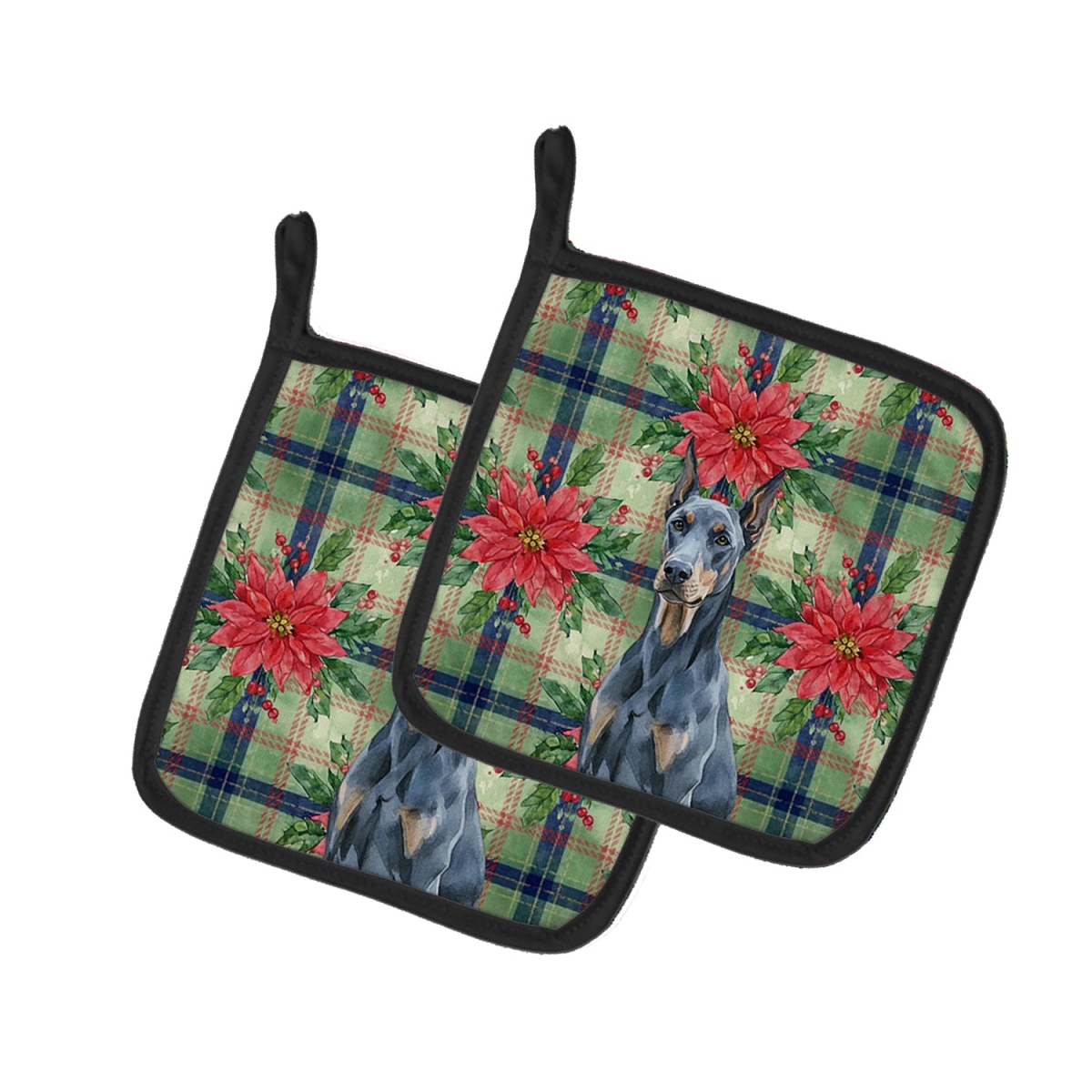 Picture of Carolines Treasures WDK8606PTHD Unisex Adult Blue Doberman Pinscher Christmas Poinsettias Pot Holders - 7.5 x 7.5 in. - Set of 2