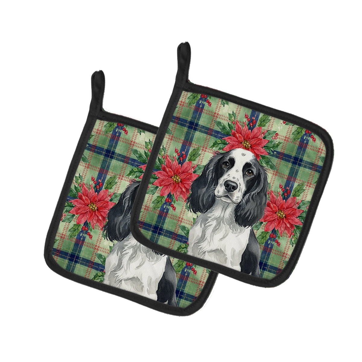 Picture of Carolines Treasures WDK8632PTHD Unisex Adult Black & White English Springer Spaniel Christmas Poinsettias Pot Holders - 7.5 x 7.5 in. - Set of 2