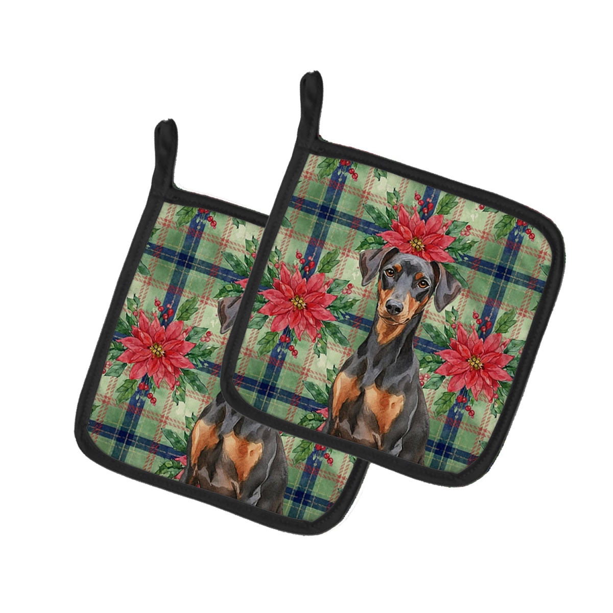 Picture of Carolines Treasures WDK8642PTHD Unisex Adult German Pinscher Christmas Poinsettias Pot Holders - 7.5 x 7.5 in. - Set of 2