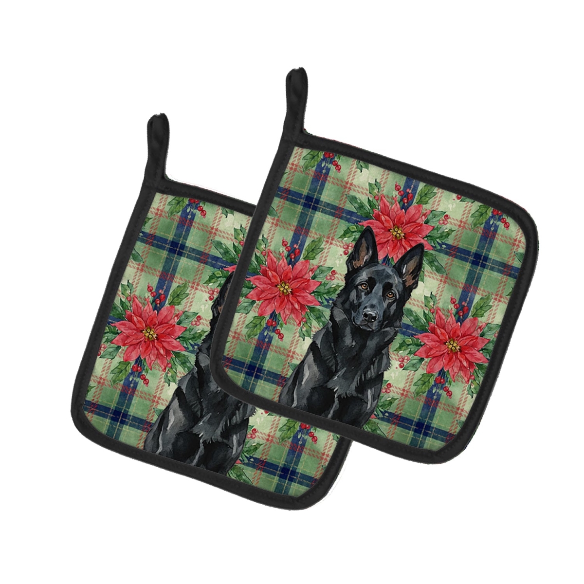 Picture of Carolines Treasures WDK8645PTHD Unisex Adult Black German Shepherd Christmas Poinsettias Pot Holders - 7.5 x 7.5 in. - Set of 2