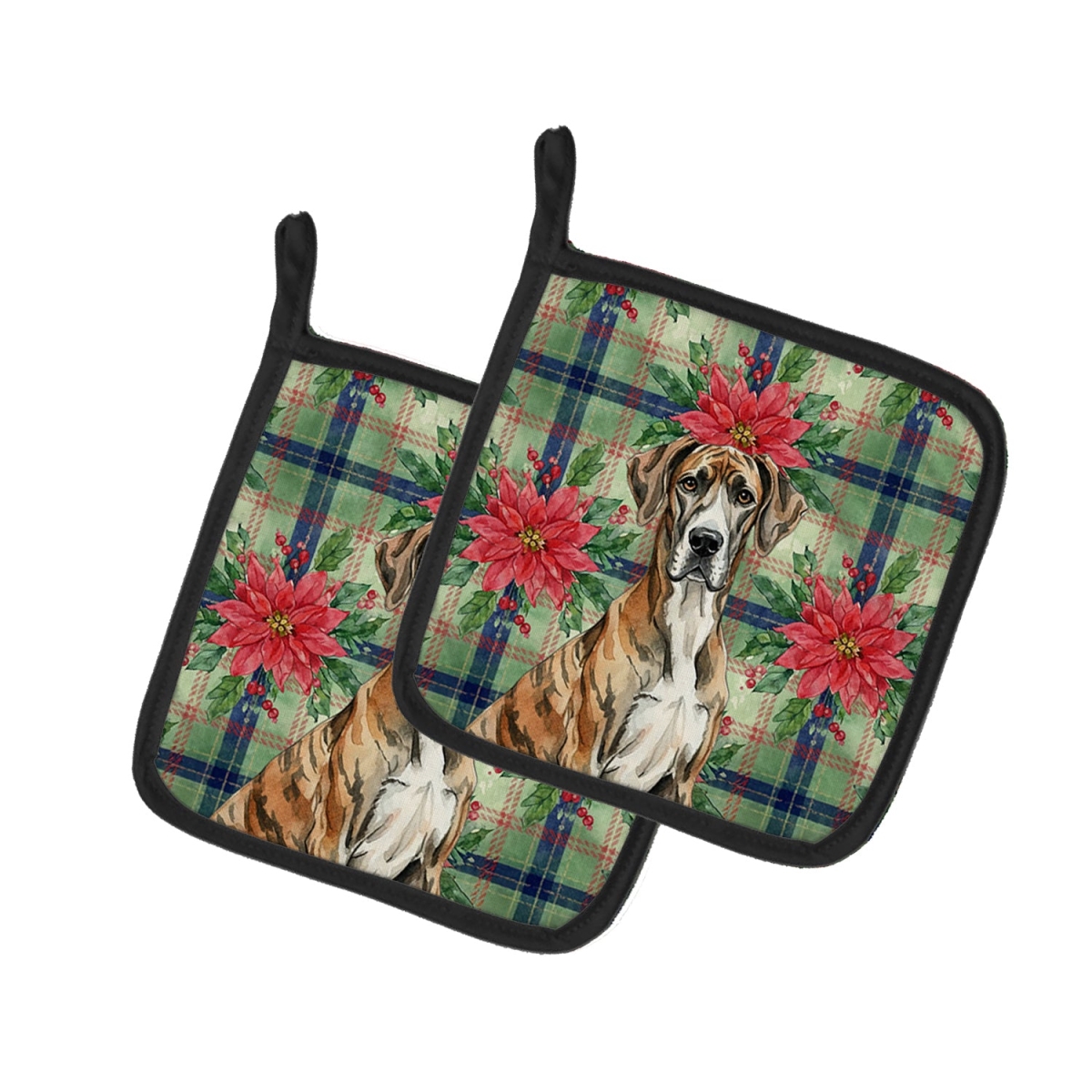 Picture of Carolines Treasures WDK8655PTHD Unisex Adult Brindle Great Dane Christmas Poinsettias Pot Holders - 7.5 x 7.5 in. - Set of 2