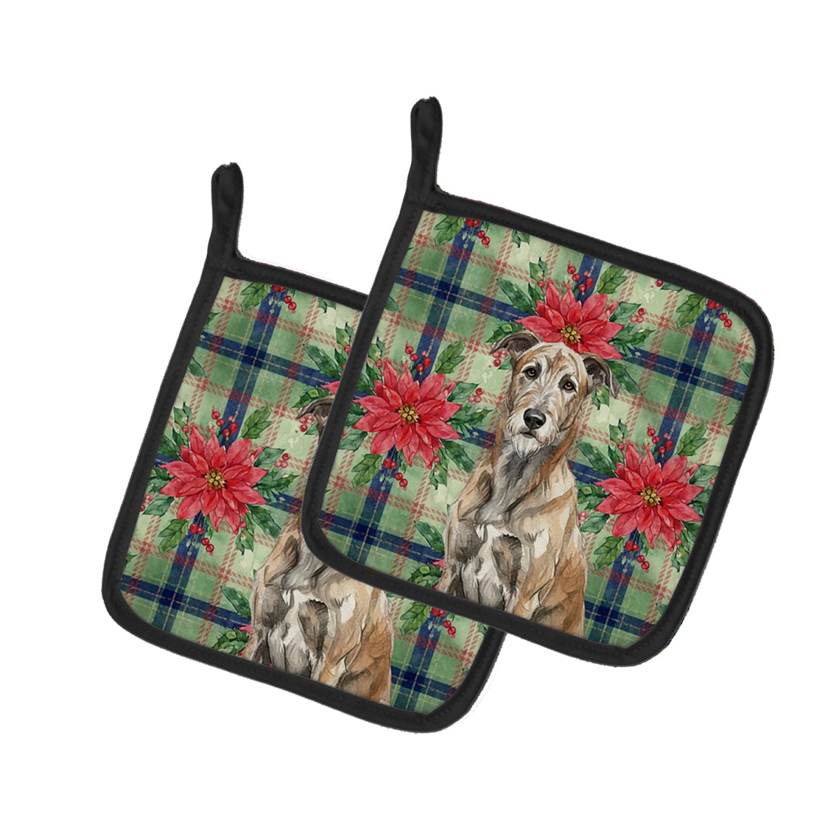 Picture of Carolines Treasures WDK8674PTHD Unisex Adult Brindle Irish Wolfhound Christmas Poinsettias Pot Holders - 7.5 x 7.5 in. - Set of 2