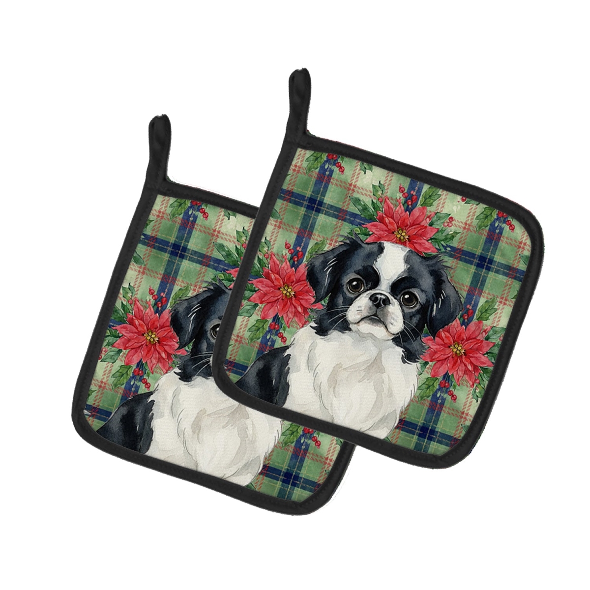 Picture of Carolines Treasures WDK8685PTHD Unisex Adult Black & White Japanese Chin Christmas Poinsettias Pot Holders - 7.5 x 7.5 in. - Set of 2