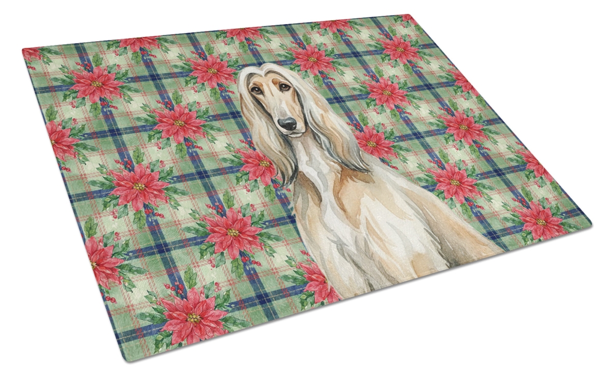 Picture of Carolines Treasures WDK8466LCB Unisex Adult Afghan Hound Christmas Poinsettias Glass Cutting Board - 15 x 12 in.