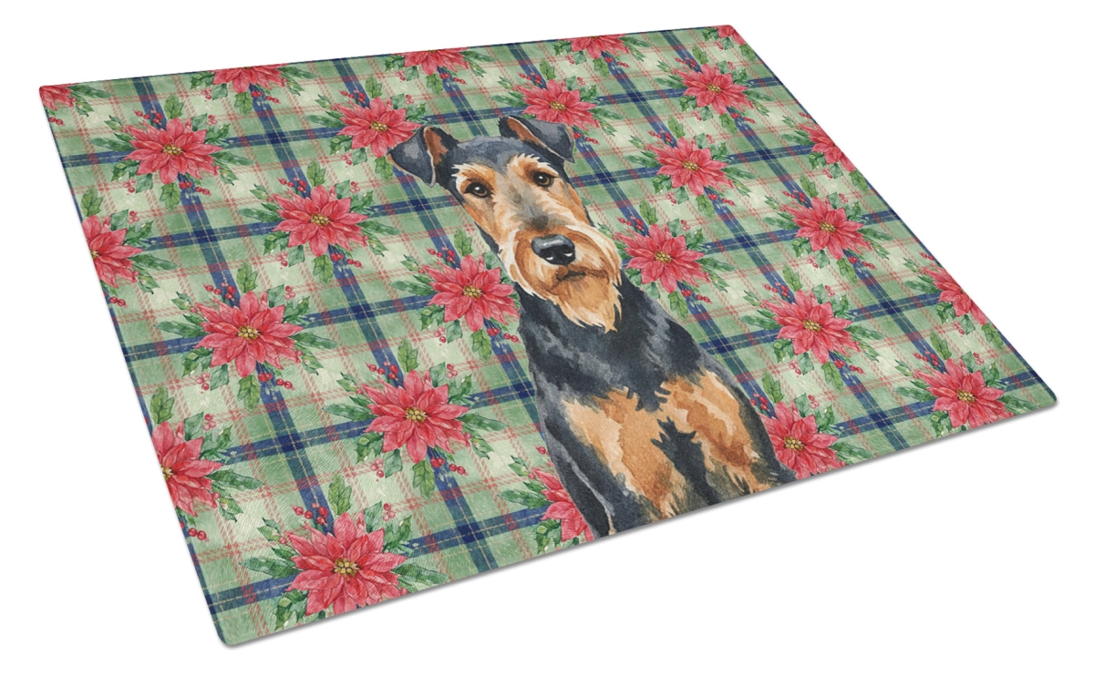 Picture of Carolines Treasures WDK8467LCB Unisex Adult Airedale Terrier Christmas Poinsettias Glass Cutting Board - 15 x 12 in.