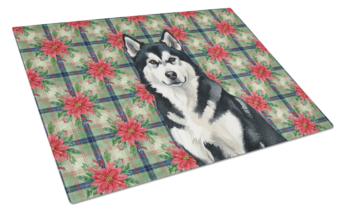Picture of Carolines Treasures WDK8473LCB Unisex Adult Black & White Alaskan Malamute Christmas Poinsettias Glass Cutting Board - 15 x 12 in.