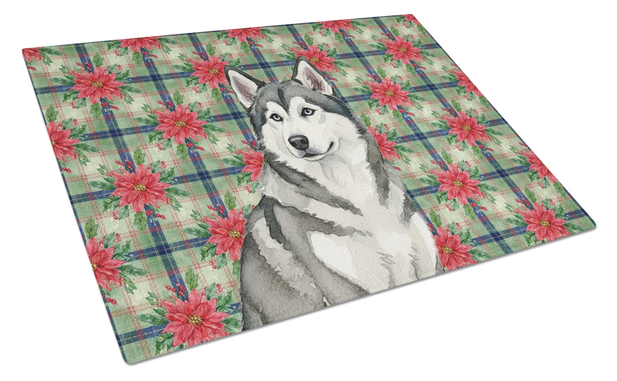 Picture of Carolines Treasures WDK8474LCB Unisex Adult Gray & White Alaskan Malamute Christmas Poinsettias Glass Cutting Board - 15 x 12 in.