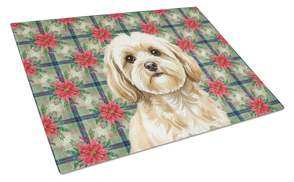 Picture of Carolines Treasures WDK8702LCB Unisex Adult Cream Lhasa Apso Christmas Poinsettias Glass Cutting Board - 15 x 12 in.