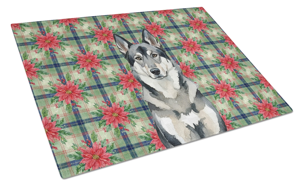 Picture of Carolines Treasures WDK8732LCB Unisex Adult Norwegian Elkhound Christmas Poinsettias Glass Cutting Board - 15 x 12 in.