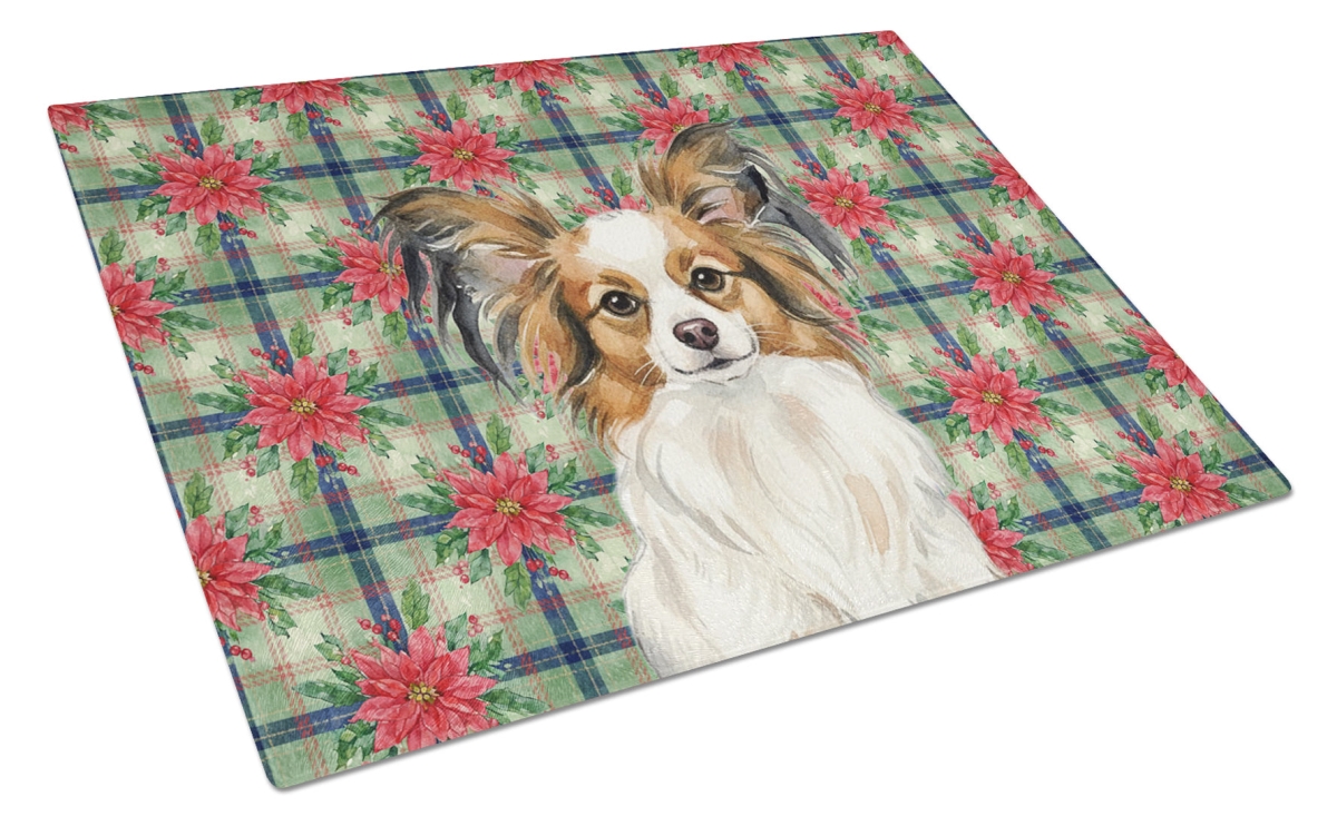 Picture of Carolines Treasures WDK8745LCB Unisex Adult White with Sable Papillon Christmas Poinsettias Glass Cutting Board - 15 x 12 in.