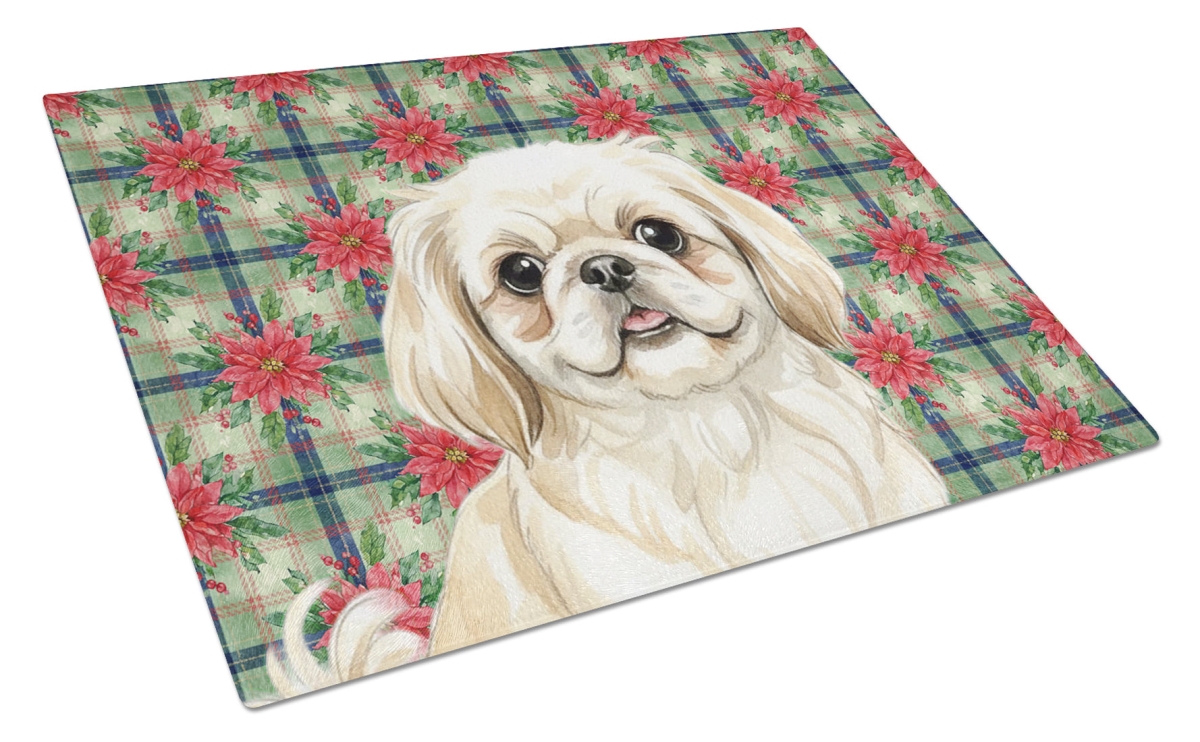 Picture of Carolines Treasures WDK8749LCB Unisex Adult Cream Pekingese Christmas Poinsettias Glass Cutting Board - 15 x 12 in.
