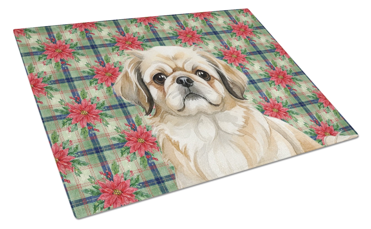 Picture of Carolines Treasures WDK8750LCB Unisex Adult Fawn Pekingese Christmas Poinsettias Glass Cutting Board - 15 x 12 in.