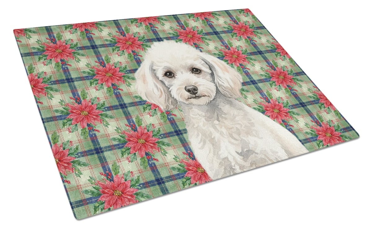 Picture of Carolines Treasures WDK8768LCB Unisex Adult Miniature White Poodle Christmas Poinsettias Glass Cutting Board - 15 x 12 in.