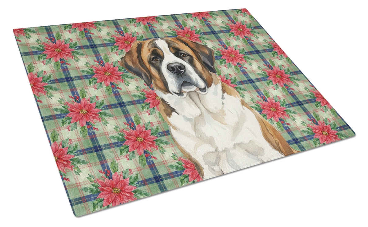 Picture of Carolines Treasures WDK8792LCB Unisex Adult Brindle & White Saint Bernard Christmas Poinsettias Glass Cutting Board - 15 x 12 in.