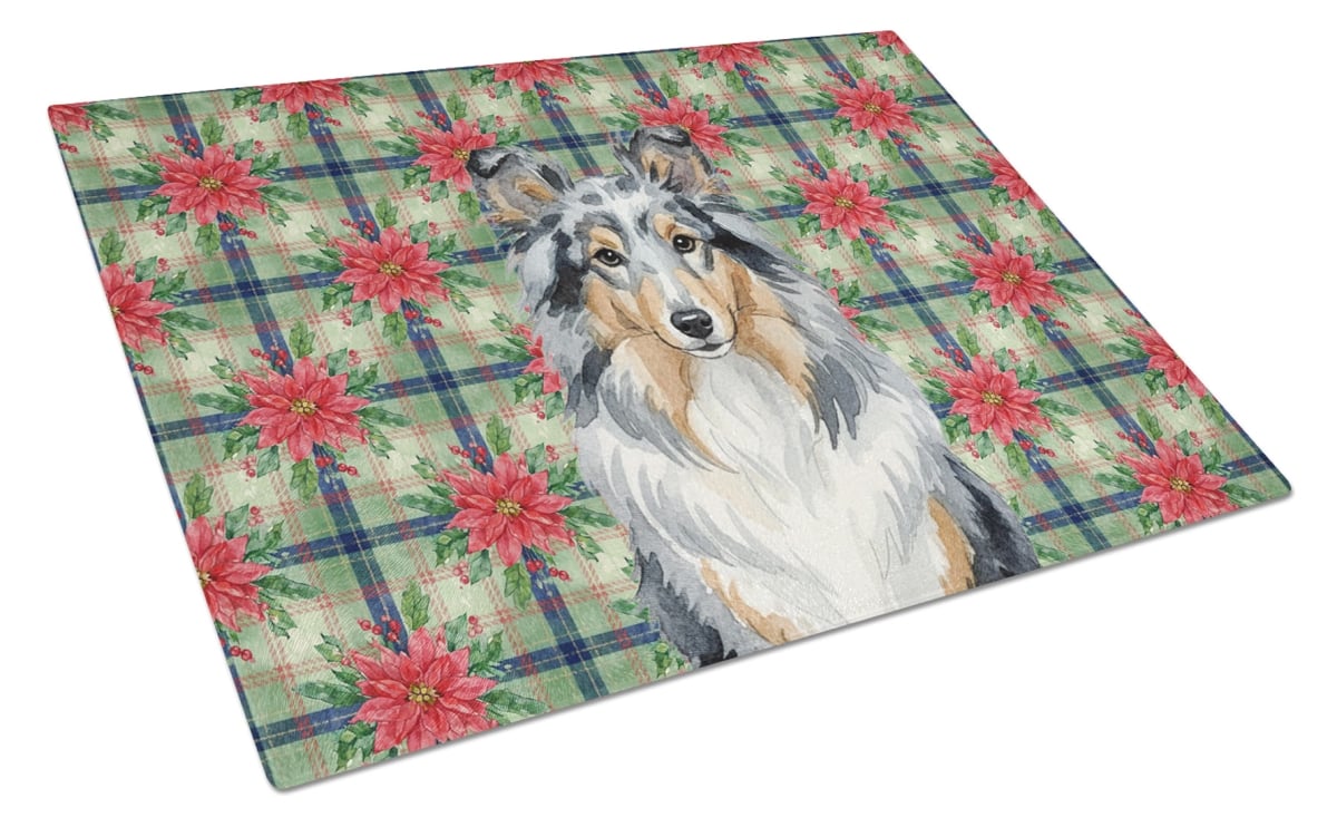 Picture of Carolines Treasures WDK8811LCB Unisex Adult Blue Merle Sheltie Christmas Poinsettias Glass Cutting Board - 15 x 12 in.