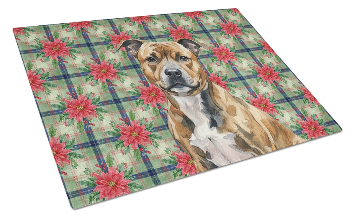 Picture of Carolines Treasures WDK8829LCB Unisex Adult Brindle Staffordshire Bull Terrier Christmas Poinsettias Glass Cutting Board - 15 x 12 in.