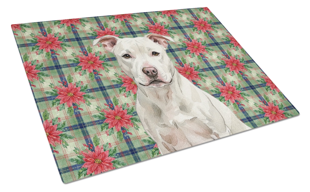 Picture of Carolines Treasures WDK8831LCB Unisex Adult White Staffordshire Bull Terrier Christmas Poinsettias Glass Cutting Board - 15 x 12 in.