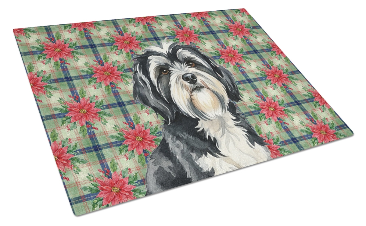 Picture of Carolines Treasures WDK8844LCB Unisex Adult Black & White Tibetan Terrier Christmas Poinsettias Glass Cutting Board - 15 x 12 in.