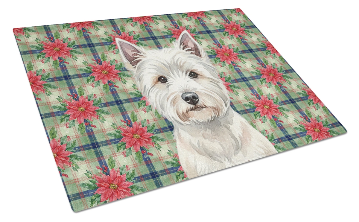 Picture of Carolines Treasures WDK8850LCB Unisex Adult Westie Christmas Poinsettias Glass Cutting Board - 15 x 12 in.