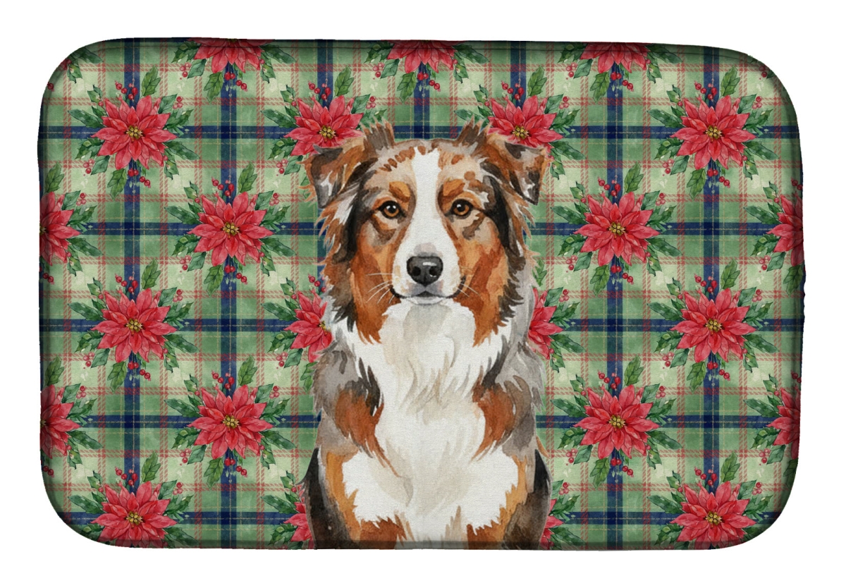 Picture of Carolines Treasures WDK8491DDM Unisex Adult Red Merle Australian Shepherd Christmas Poinsettias Dish Drying Mat - 21 x 14 in.