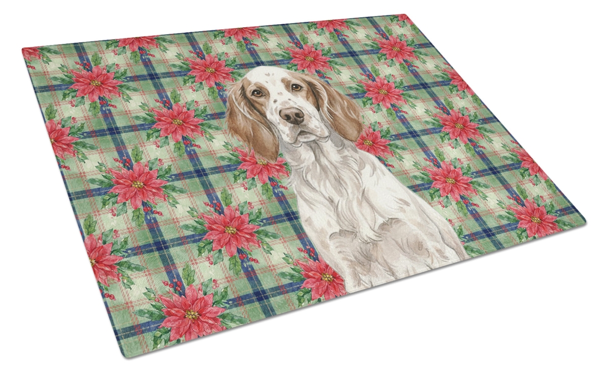 Picture of Carolines Treasures WDK8629LCB Unisex Adult Liver Belton English Setter Christmas Poinsettias Glass Cutting Board - 15 x 12 in.