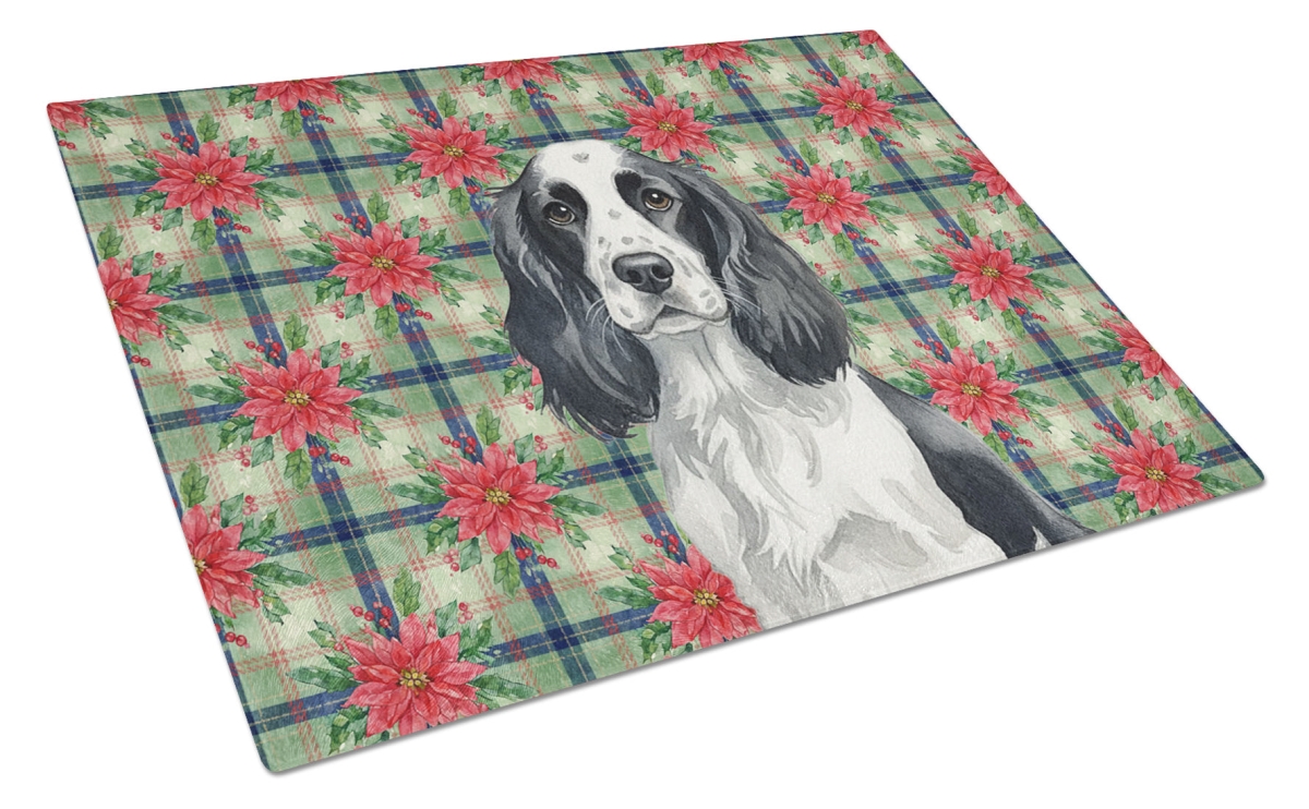 Picture of Carolines Treasures WDK8632LCB Unisex Adult Black & White English Springer Spaniel Christmas Poinsettias Glass Cutting Board - 15 x 12 in.