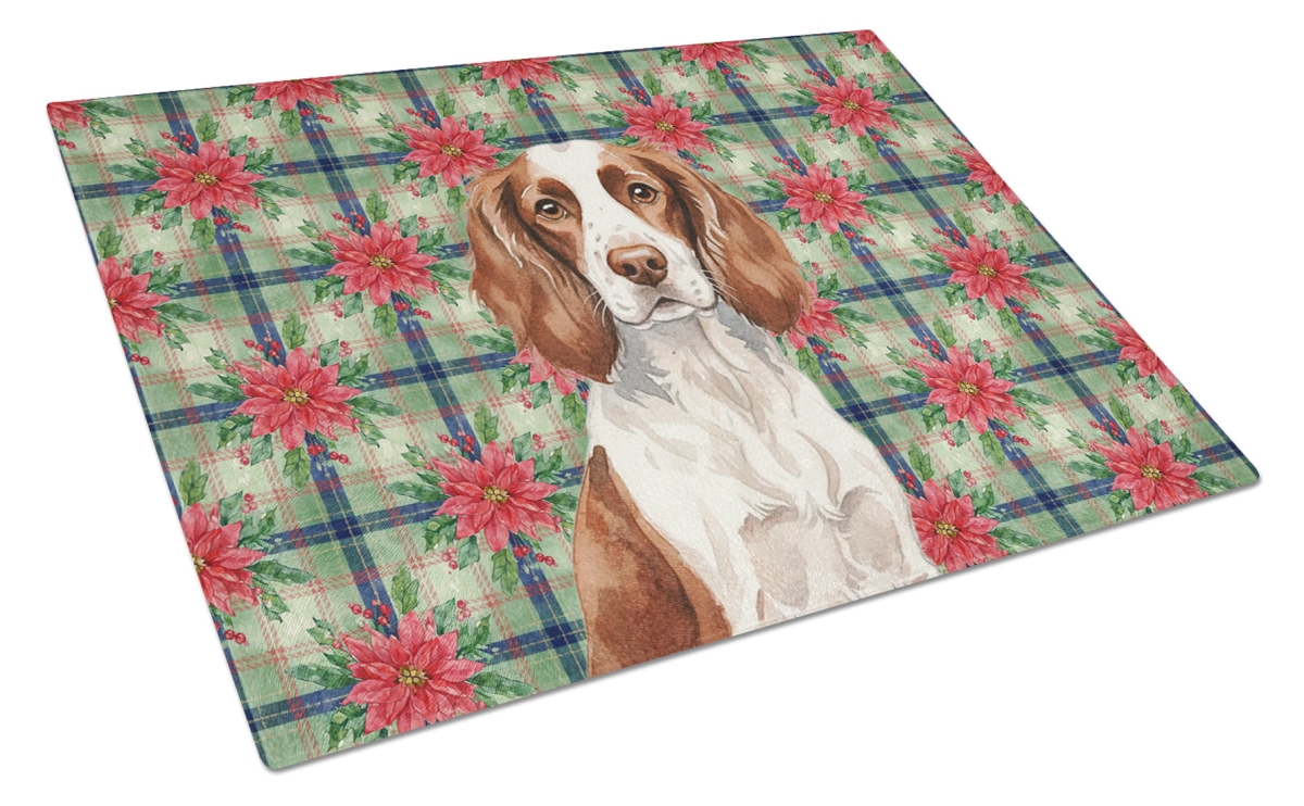 Picture of Carolines Treasures WDK8633LCB Unisex Adult Liver & White English Springer Spaniel Christmas Poinsettias Glass Cutting Board - 15 x 12 in.