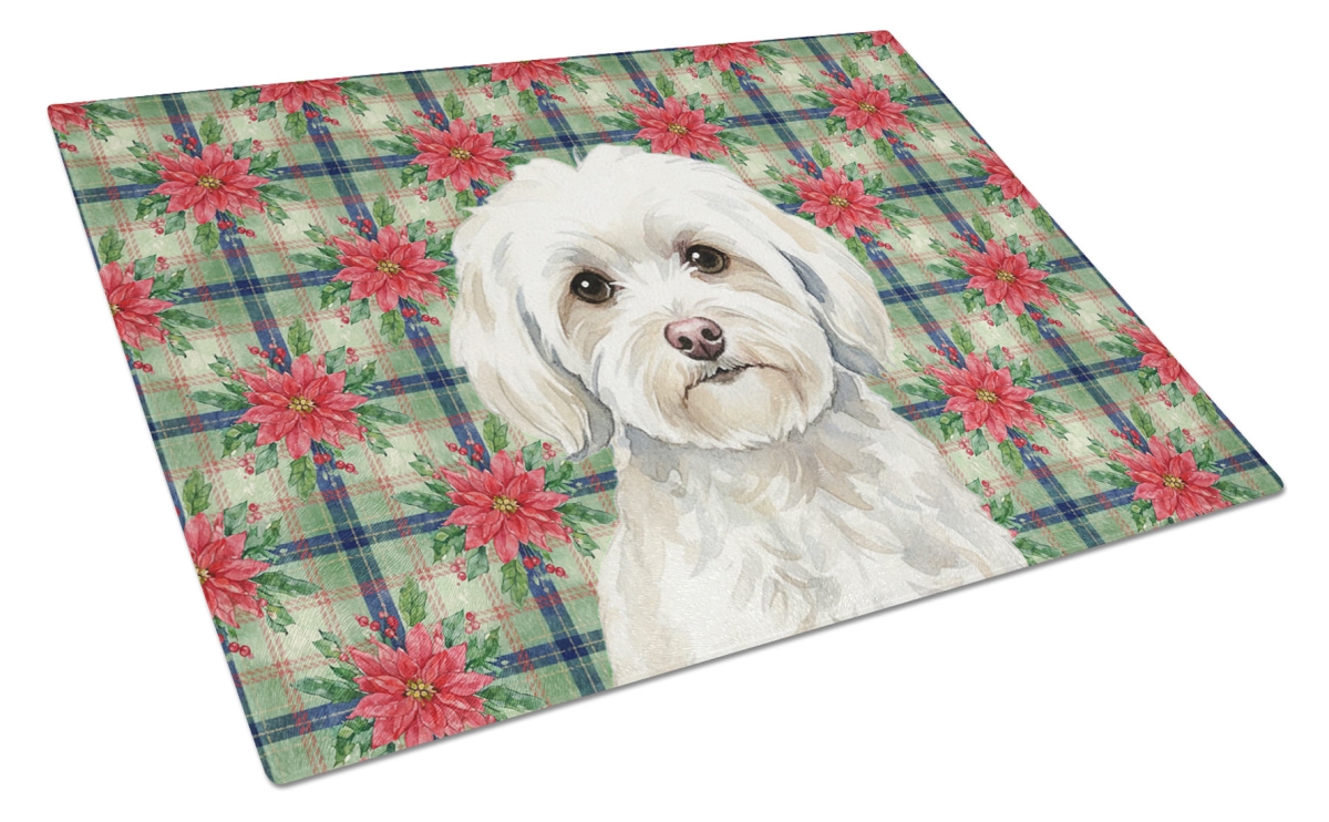 Picture of Carolines Treasures WDK8670LCB Unisex Adult White Havanese Christmas Poinsettias Glass Cutting Board - 15 x 12 in.