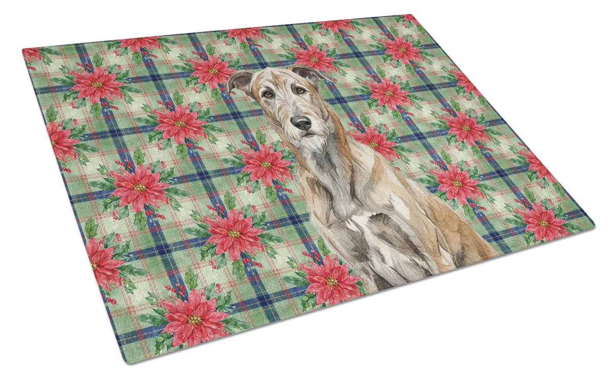 Picture of Carolines Treasures WDK8674LCB Unisex Adult Brindle Irish Wolfhound Christmas Poinsettias Glass Cutting Board - 15 x 12 in.