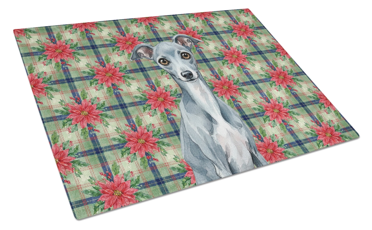 Picture of Carolines Treasures WDK8678LCB Unisex Adult Blue Italian Greyhound Christmas Poinsettias Glass Cutting Board - 15 x 12 in.