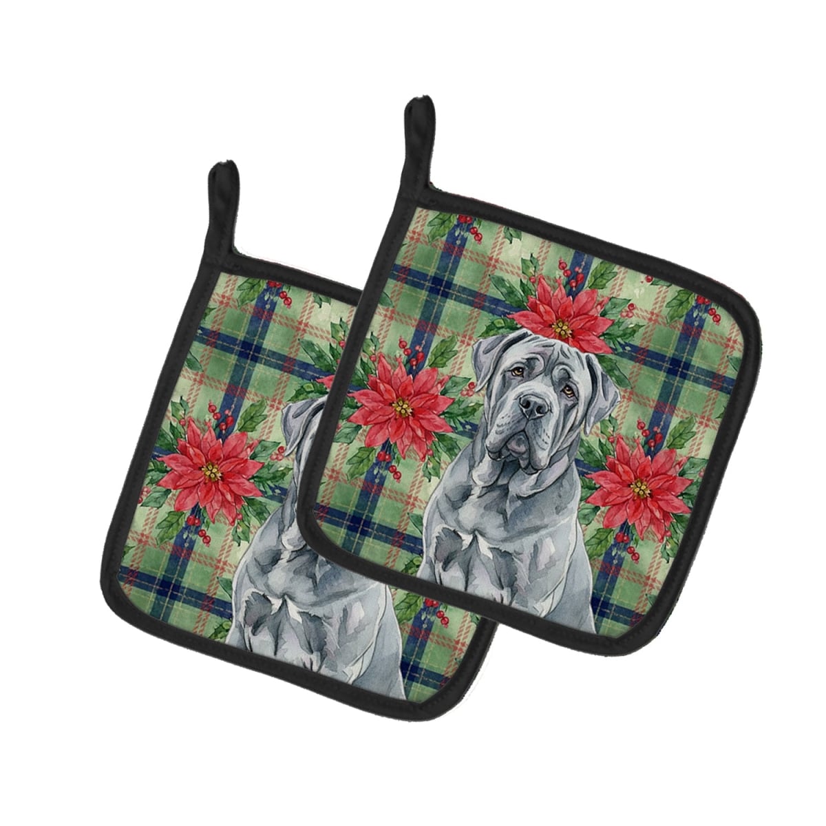 Picture of Carolines Treasures WDK8722PTHD Unisex Adult Blue Neapolitan Mastiff Christmas Poinsettias Pot Holders - 7.5 x 7.5 in. - Set of 2