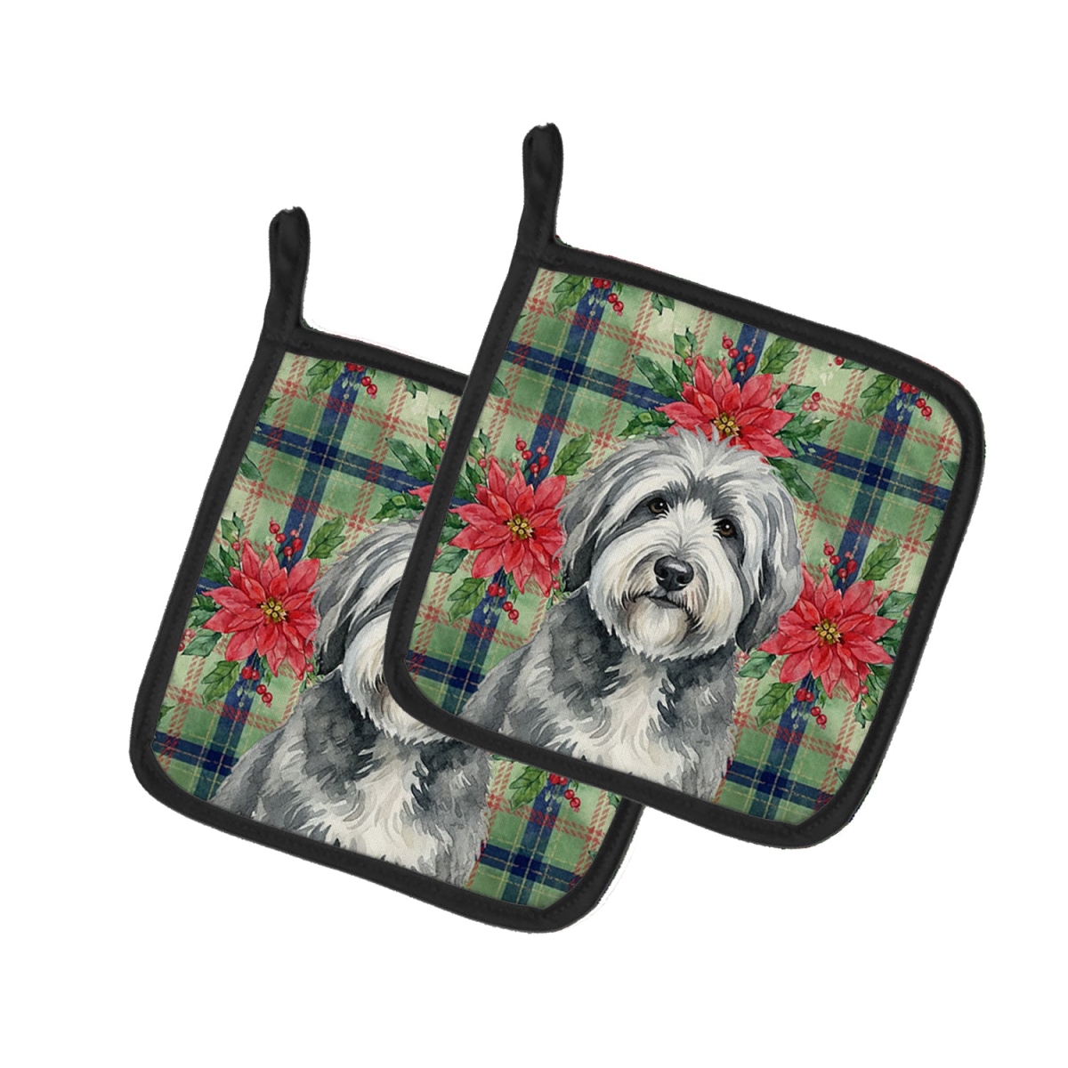 Picture of Carolines Treasures WDK8737PTHD Unisex Adult Gray & White Old English Sheepdog Christmas Poinsettias Pot Holders - 7.5 x 7.5 in. - Set of 2