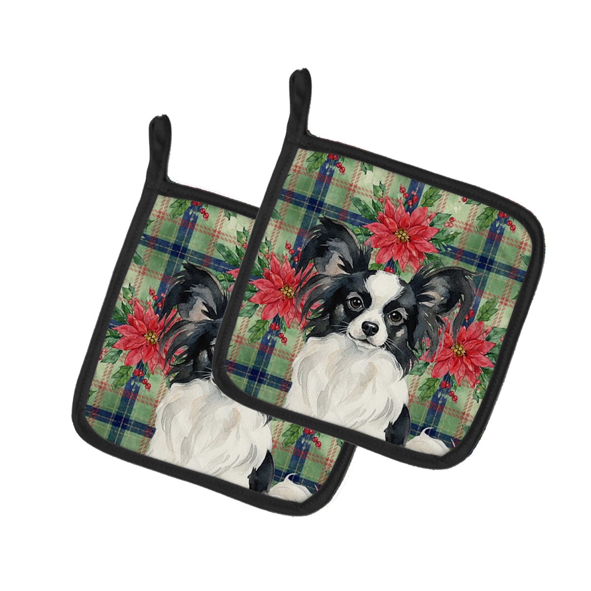Picture of Carolines Treasures WDK8741PTHD Unisex Adult Black & White Papillon Christmas Poinsettias Pot Holders - 7.5 x 7.5 in. - Set of 2