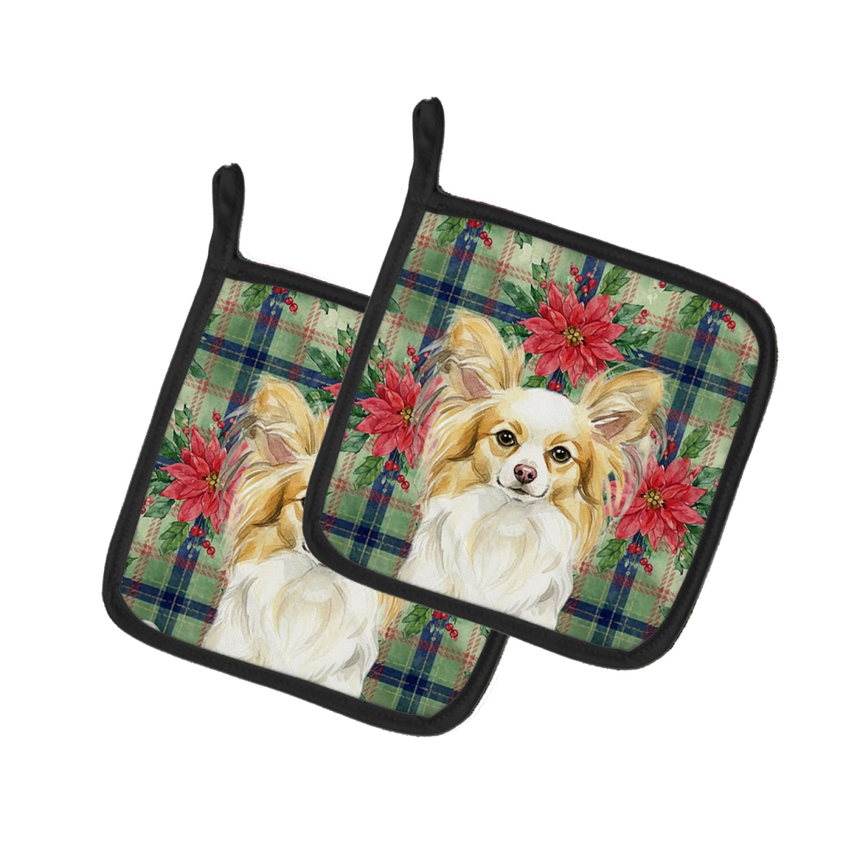 Picture of Carolines Treasures WDK8742PTHD Unisex Adult Lemon & White Papillon Christmas Poinsettias Pot Holders - 7.5 x 7.5 in. - Set of 2