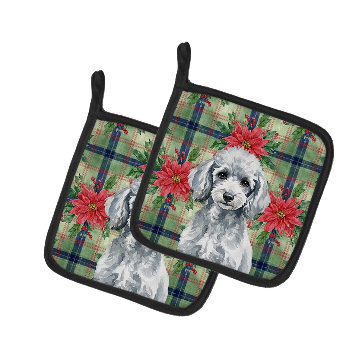 Picture of Carolines Treasures WDK8767PTHD Unisex Adult Miniature Silver Poodle Christmas Poinsettias Pot Holders - 7.5 x 7.5 in. - Set of 2